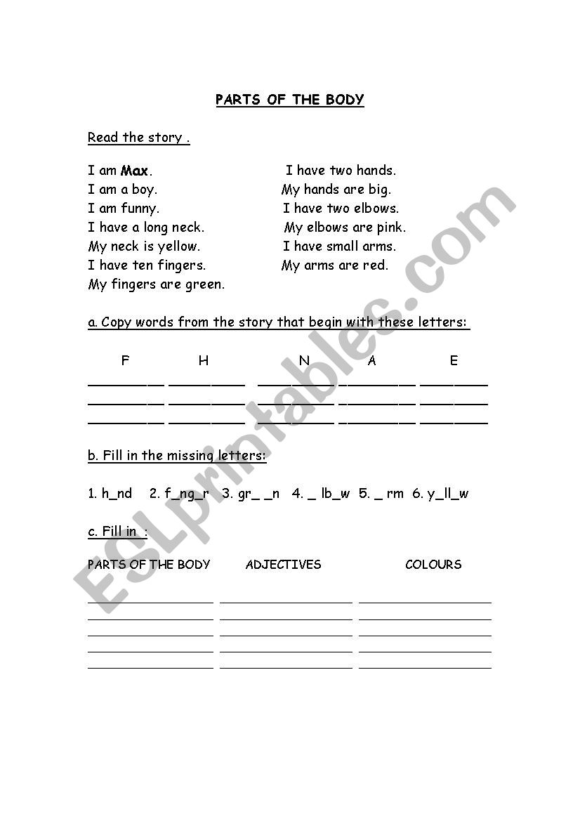 Parts of the body worksheet