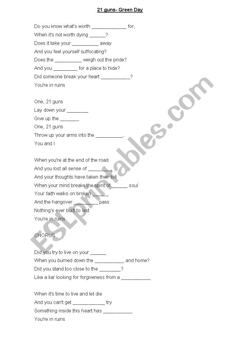 21 guns-Green Day- gap fill worksheet