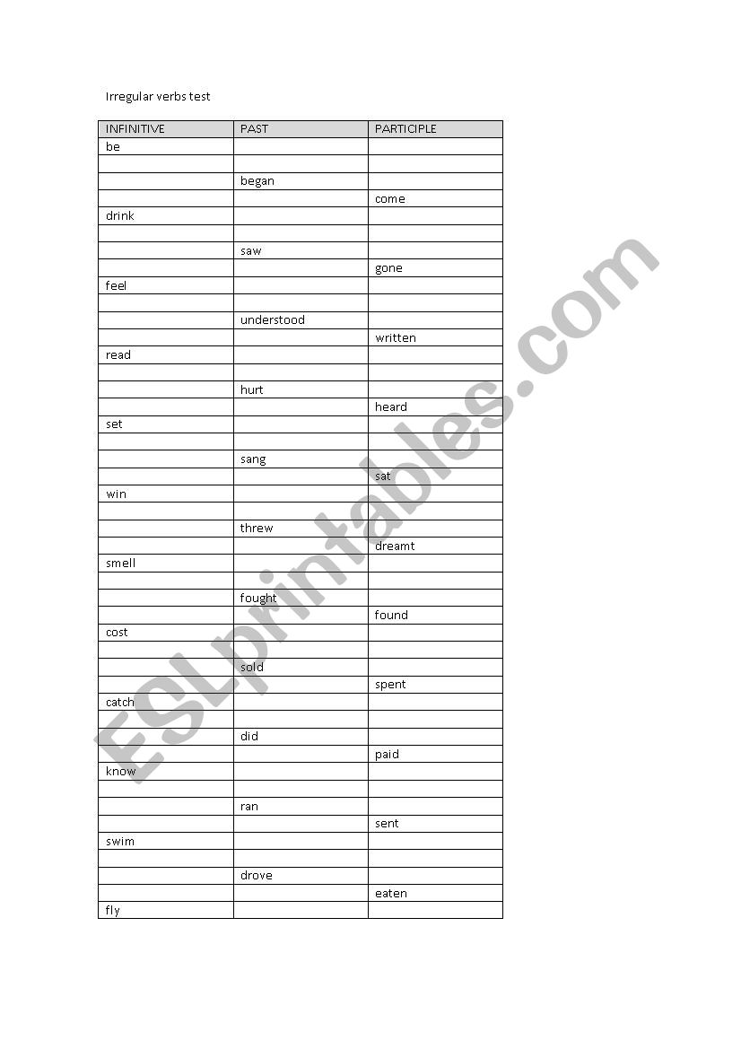 IRREGULAR VERBS TEST worksheet