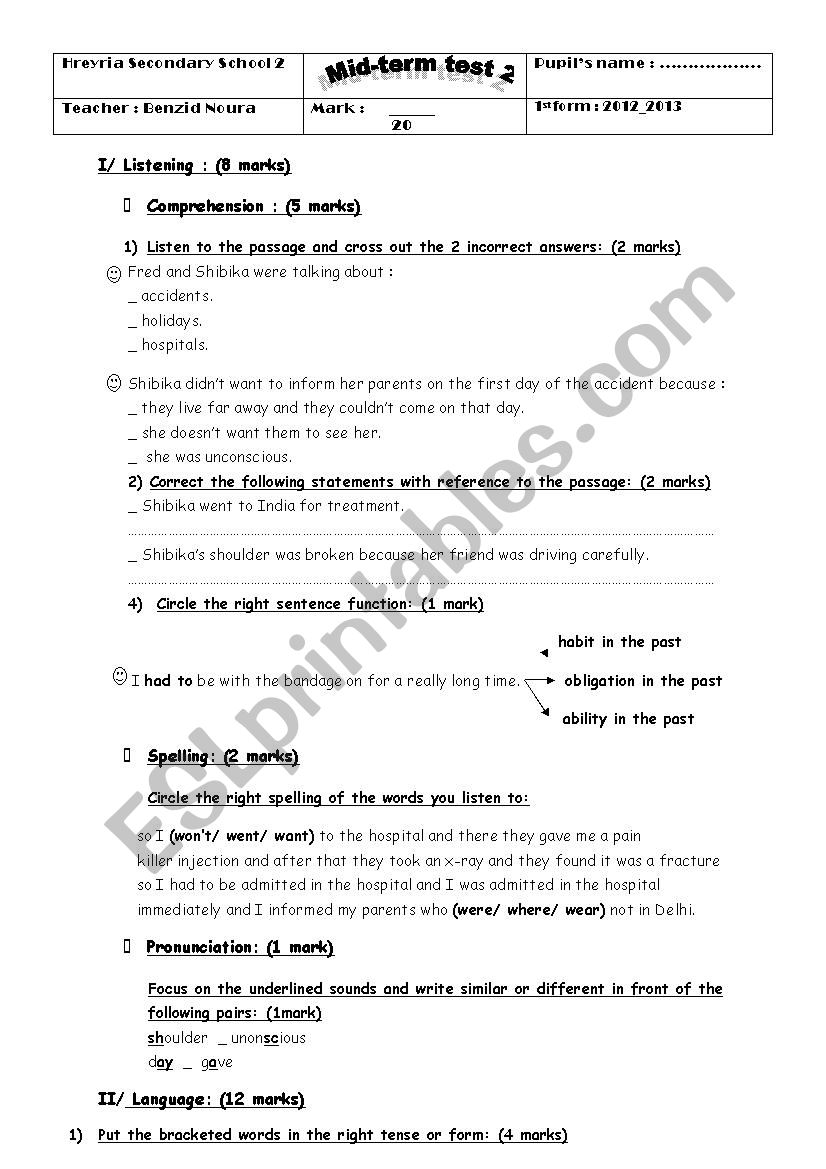 First form mid-term test 2  worksheet
