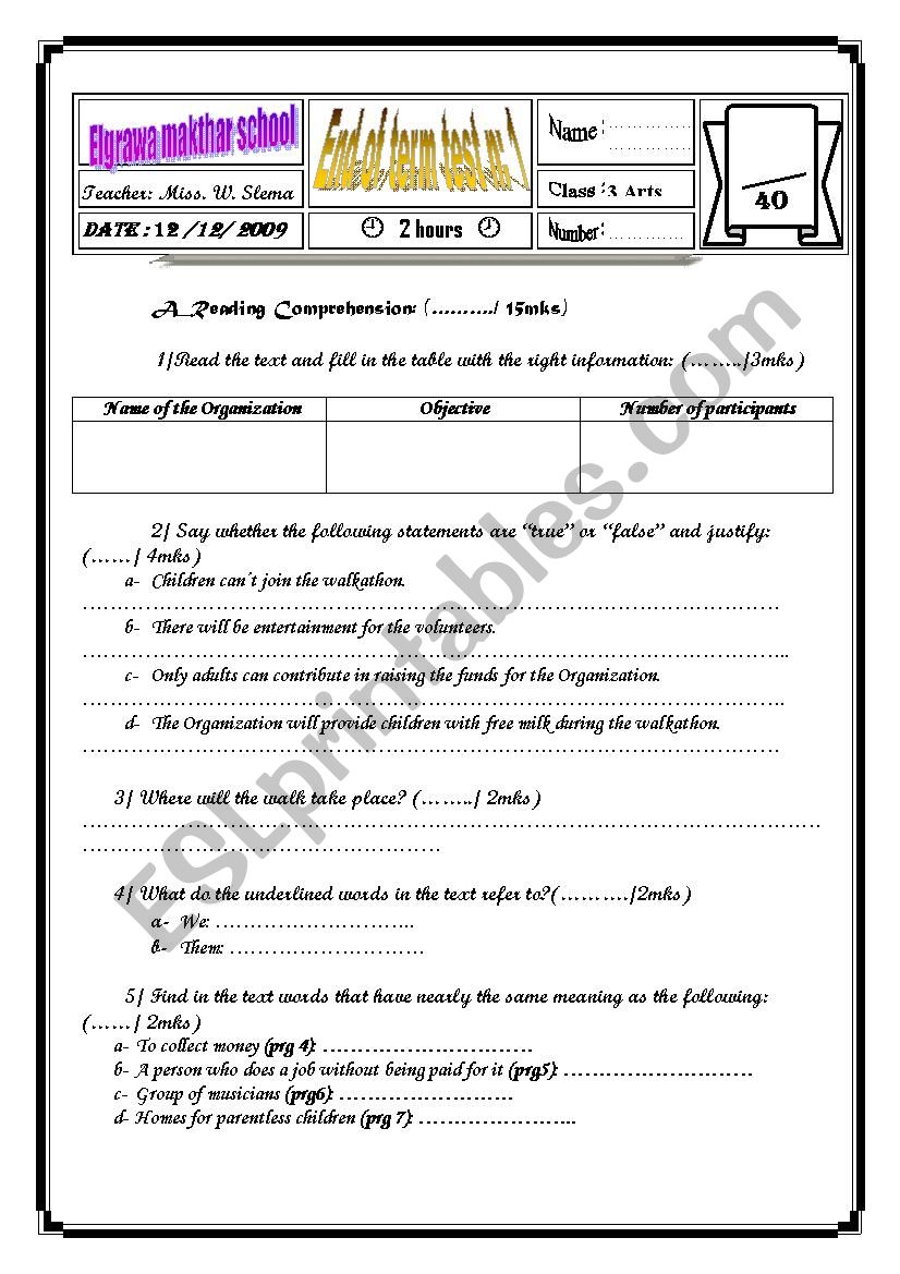 end of term test worksheet