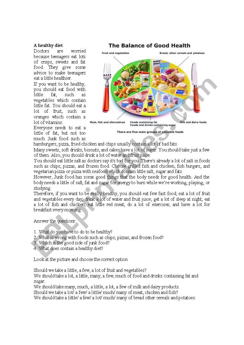 a healthy diet worksheet