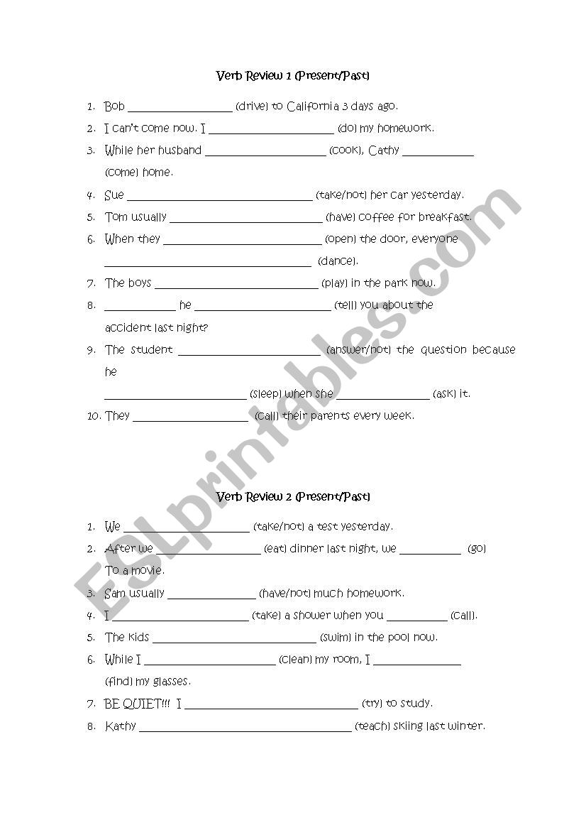 Comprehensive Verb Review Worksheet