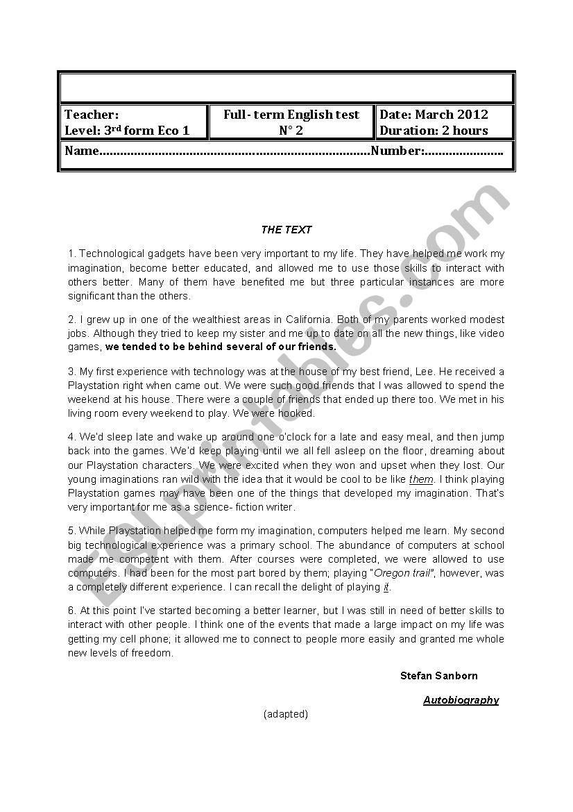 full term test 3rd year eco  worksheet