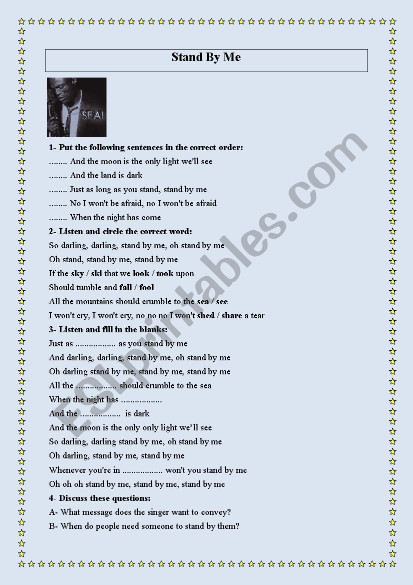 Stand by me (a song by Seal) worksheet