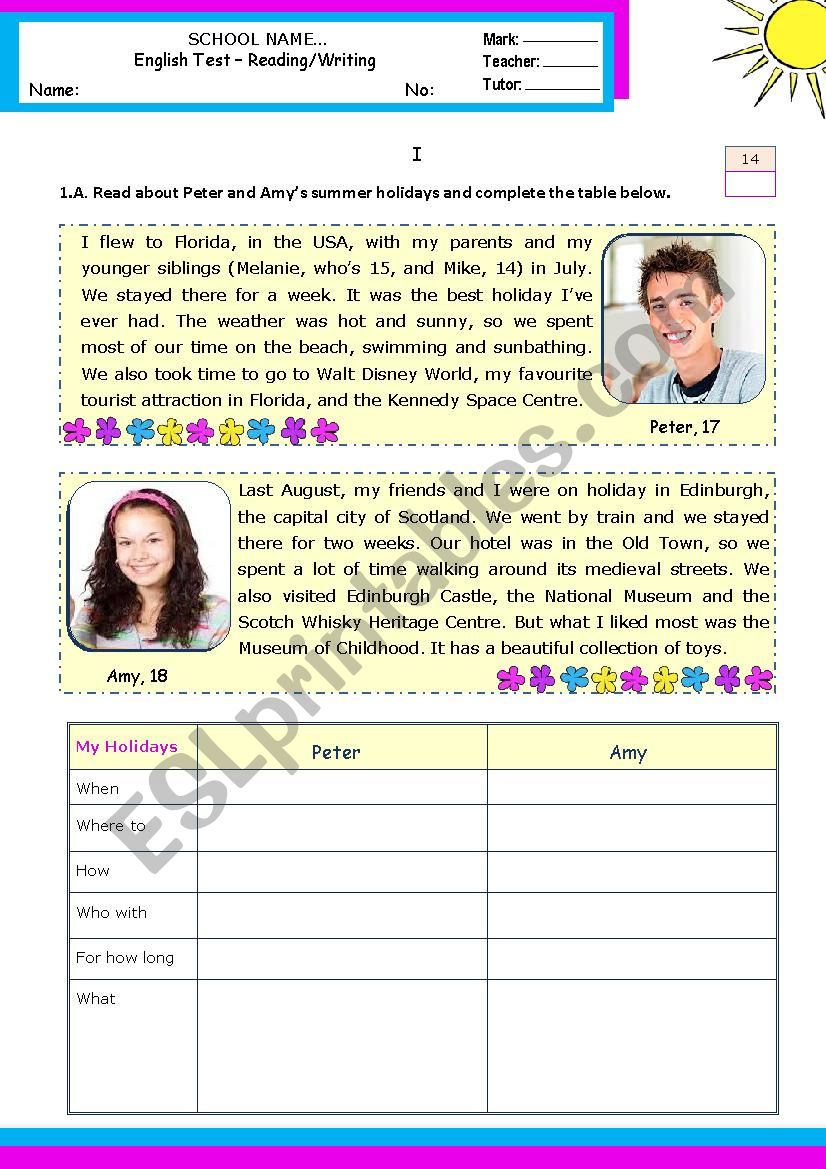 What did you do last  summer holidays? - Reading/writing test for levels A1+ or A2-
