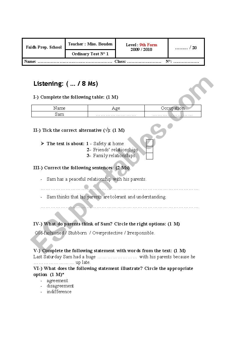 9th form test  worksheet