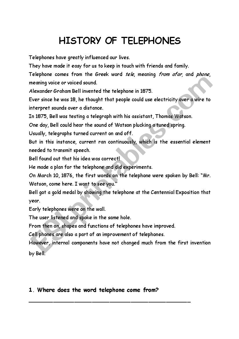 HISTORY OF TELEPHONES worksheet