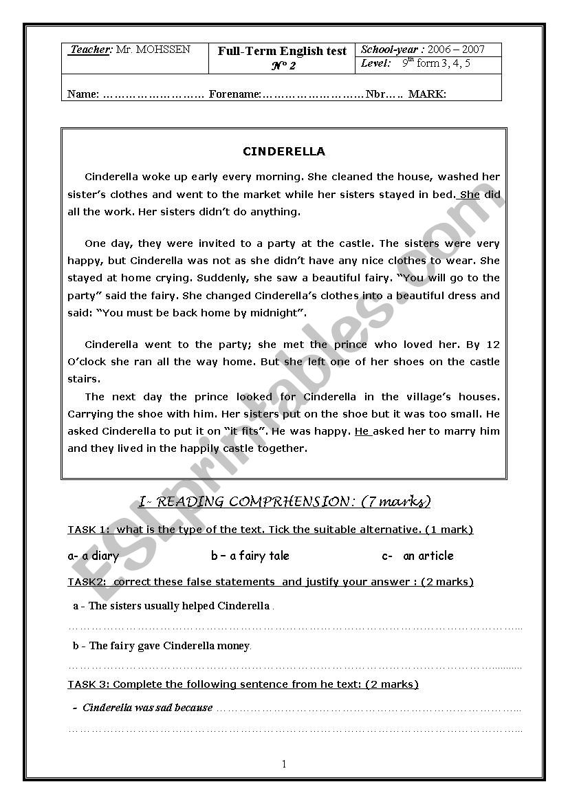 Exam 9th year basic education worksheet