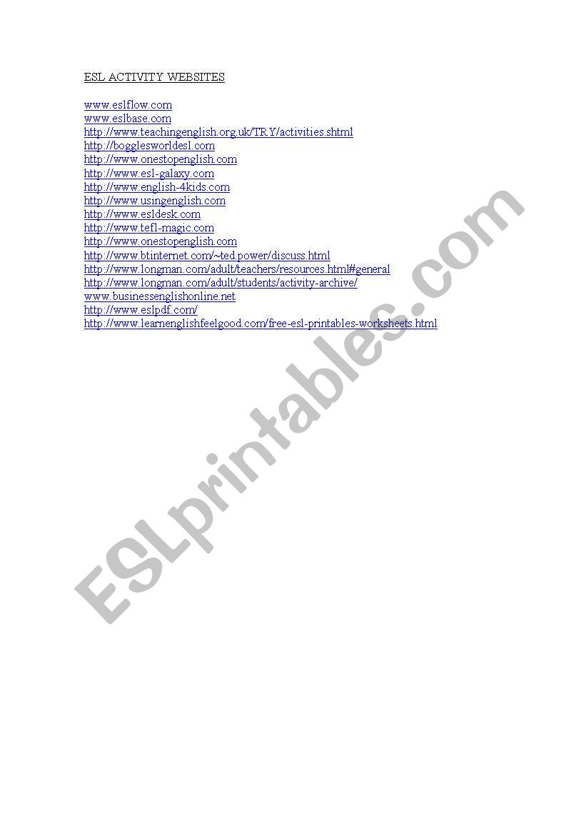 ESL websites worksheet