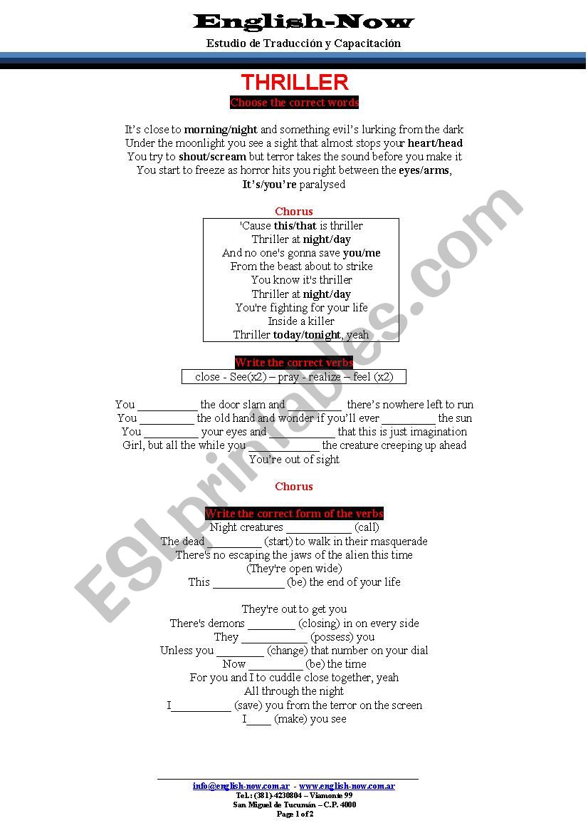 Thriller worksheet