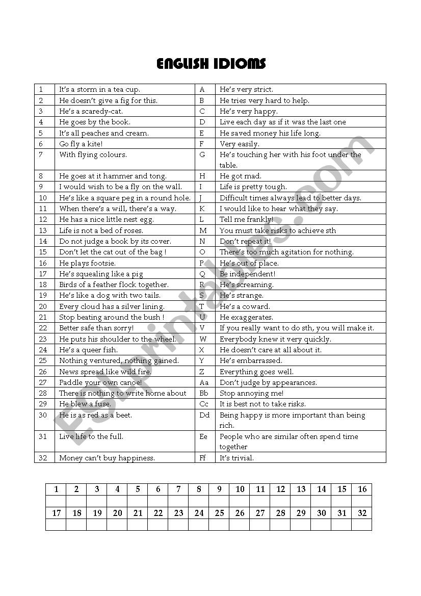 Idioms, matching exercise worksheet