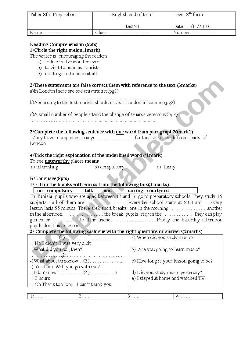 end of term test worksheet