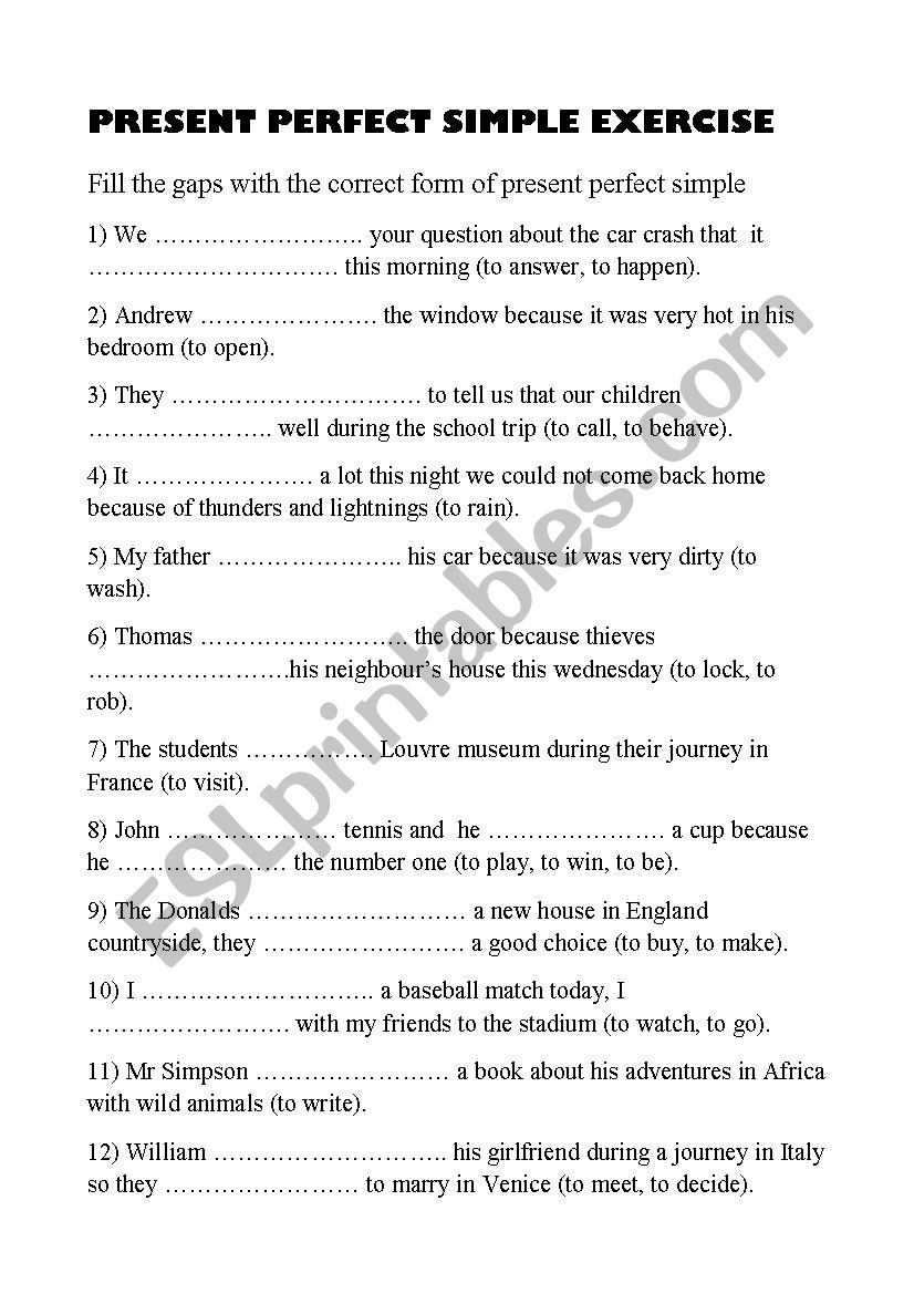 PRESENT PERFECT SIMPLE EXERCISE