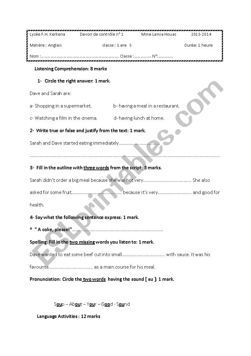 exam for 1 st years worksheet