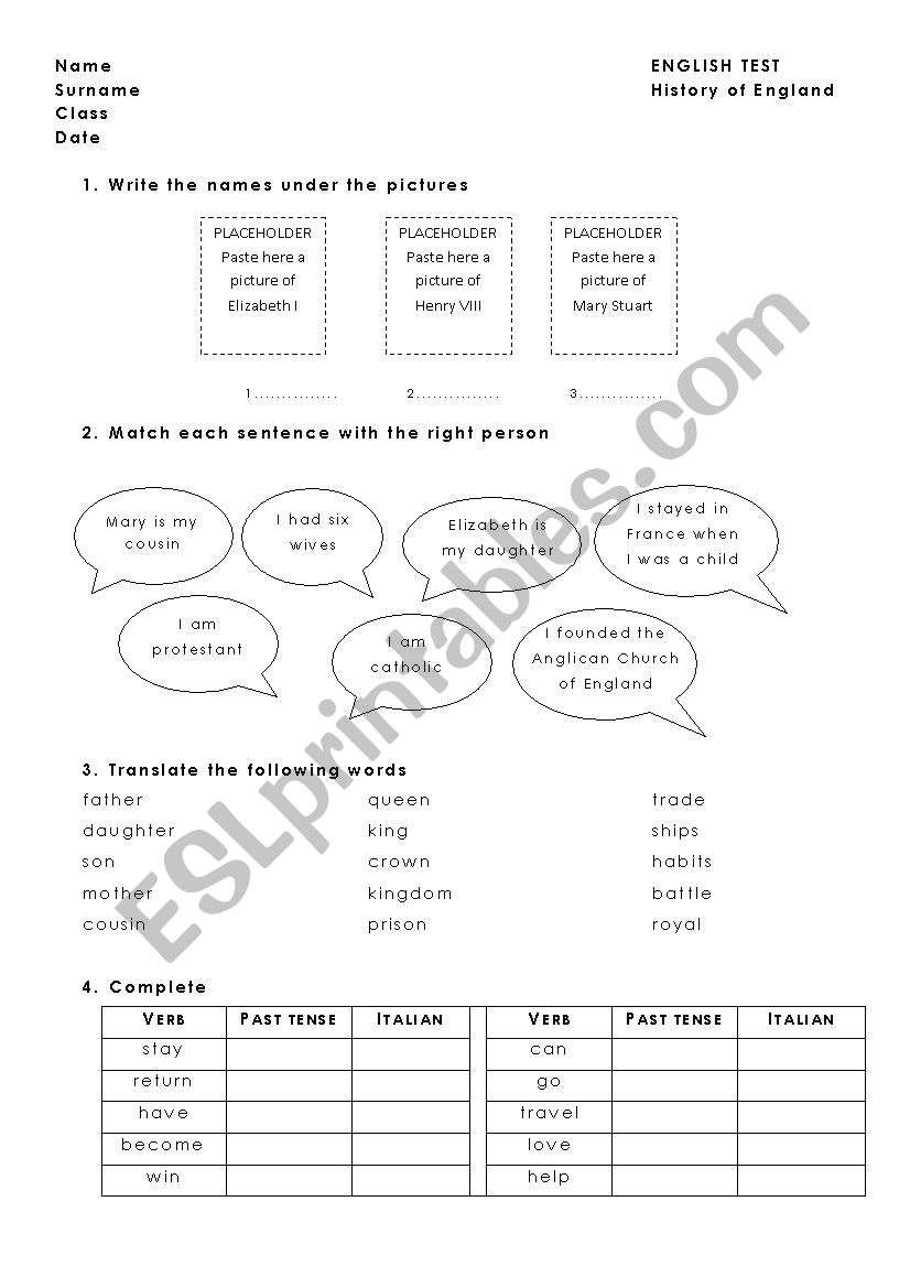 Test - History of England worksheet