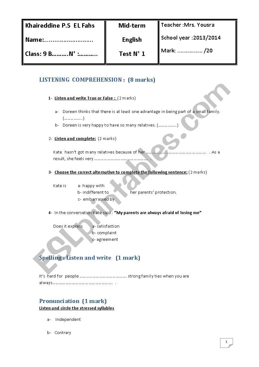 mid-term test n1 worksheet