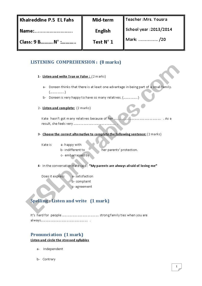 mid-term test nÂ°1 worksheet