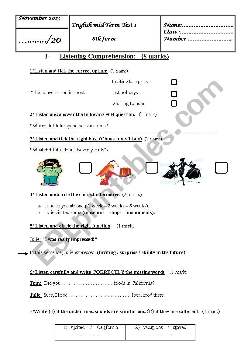 mid term test 1 8th form worksheet