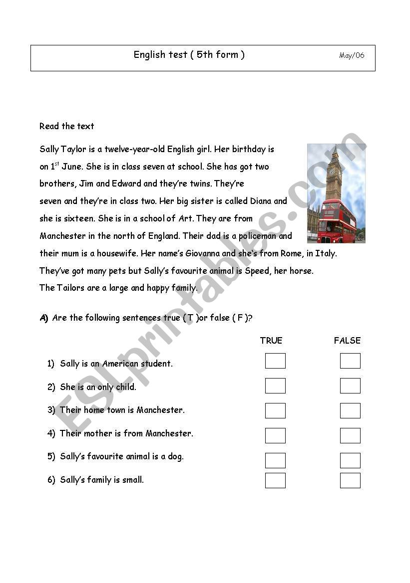 English Test 5th Grade ESL Worksheet By Ladybird19