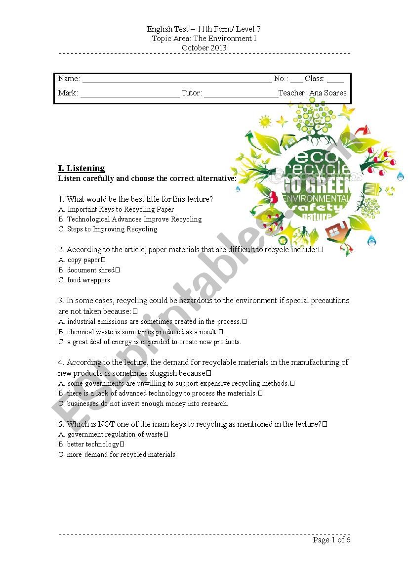 Global Warming Test worksheet