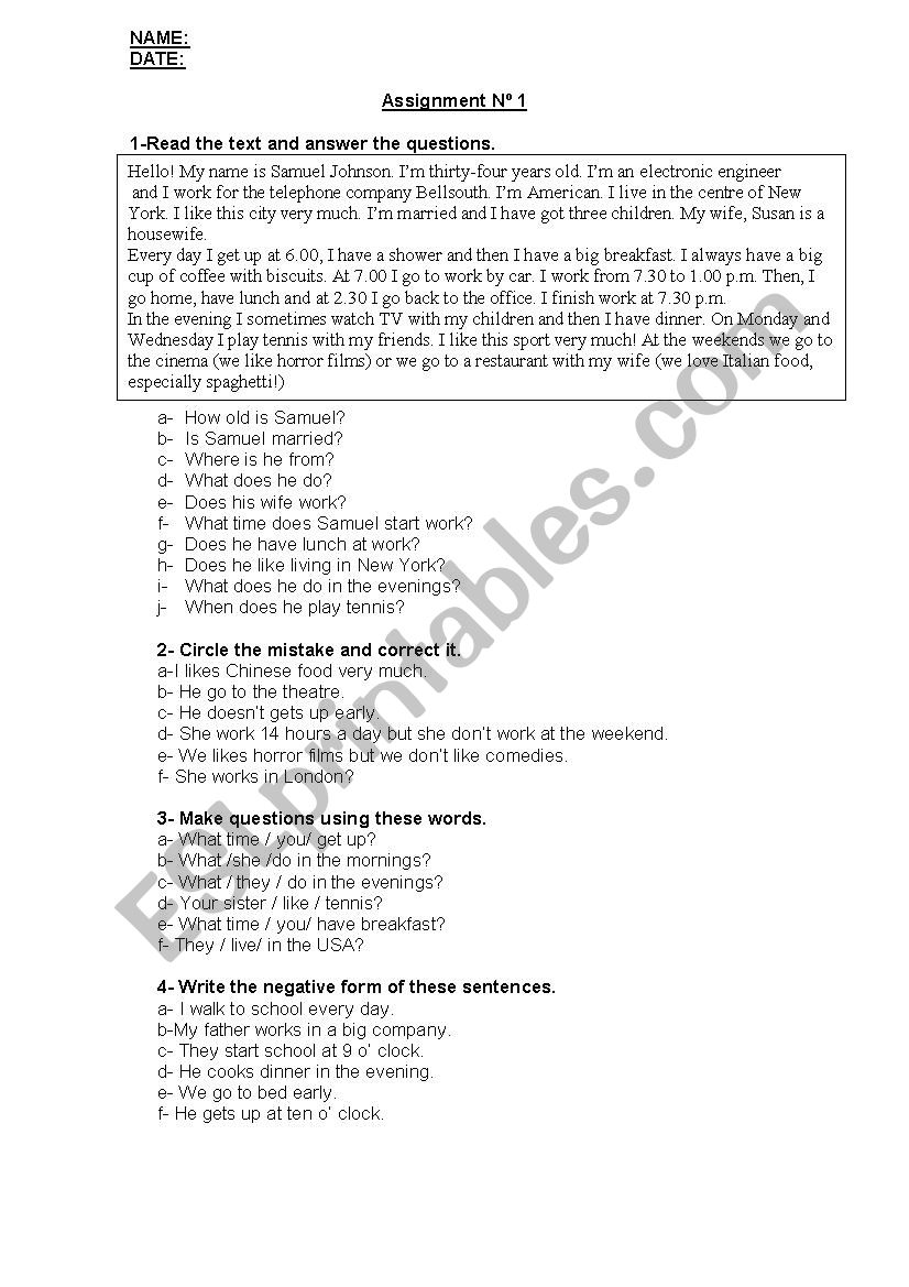 PRESENT SIMPLE ACTIVITIES worksheet