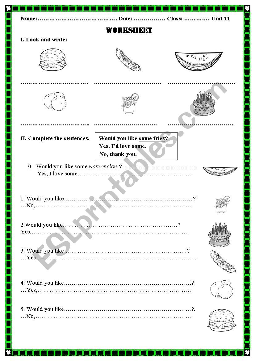 Food and drink worksheet