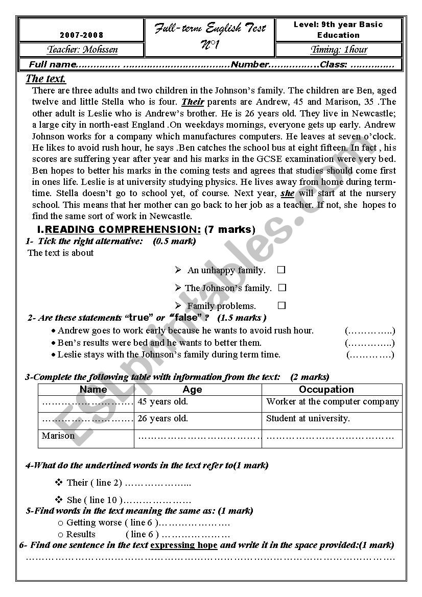 Exam 9th year basic education worksheet