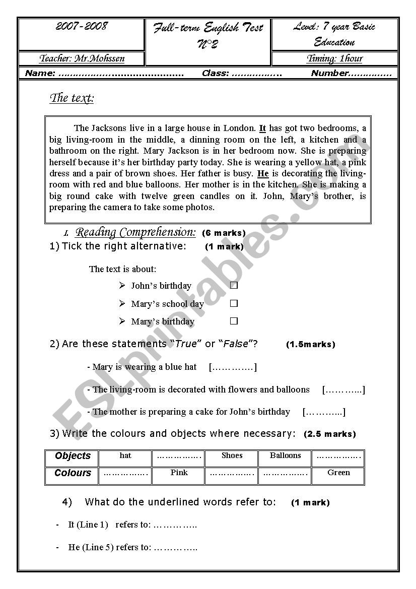 Exam 7th year basic education worksheet