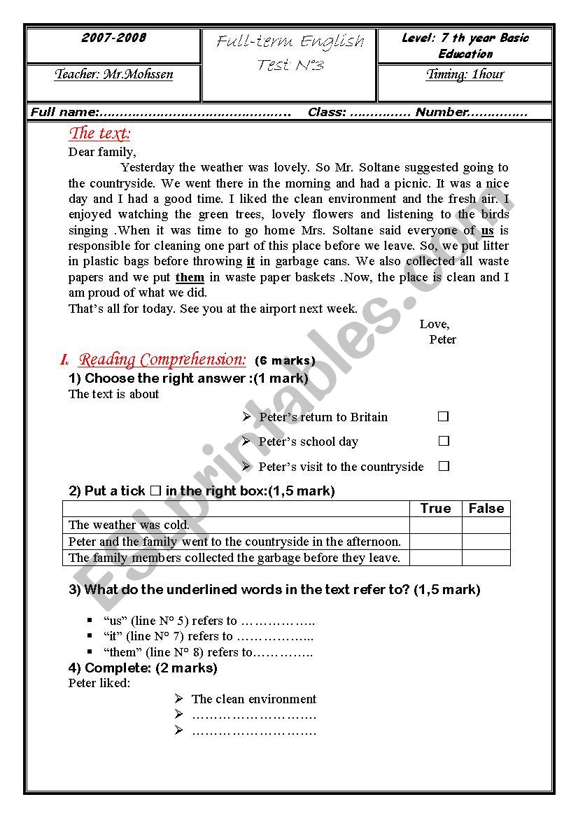 Exam 7th year basic education worksheet