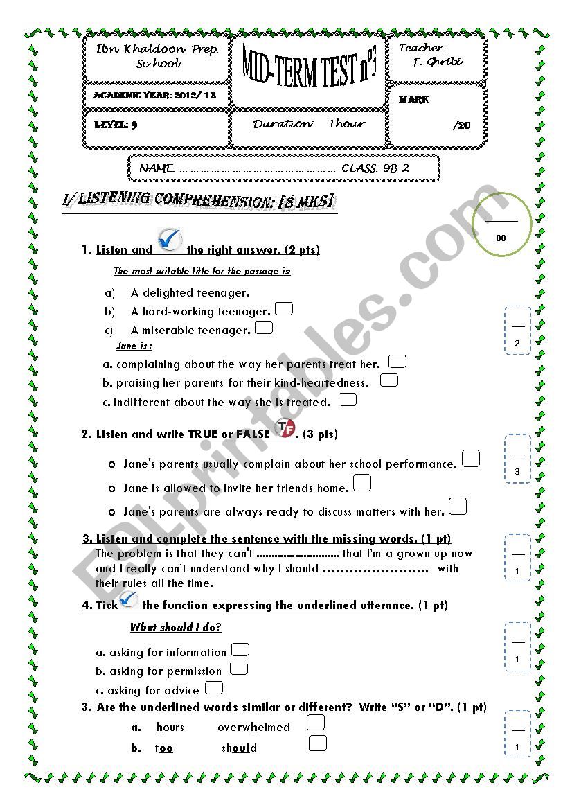 Mid-term test 1    Tunisian 9th form sts