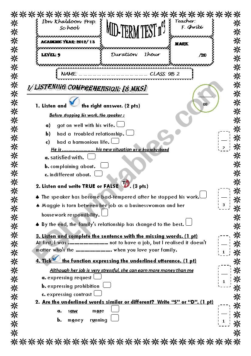 Mid-term test 1  Tunisian 9th form sts