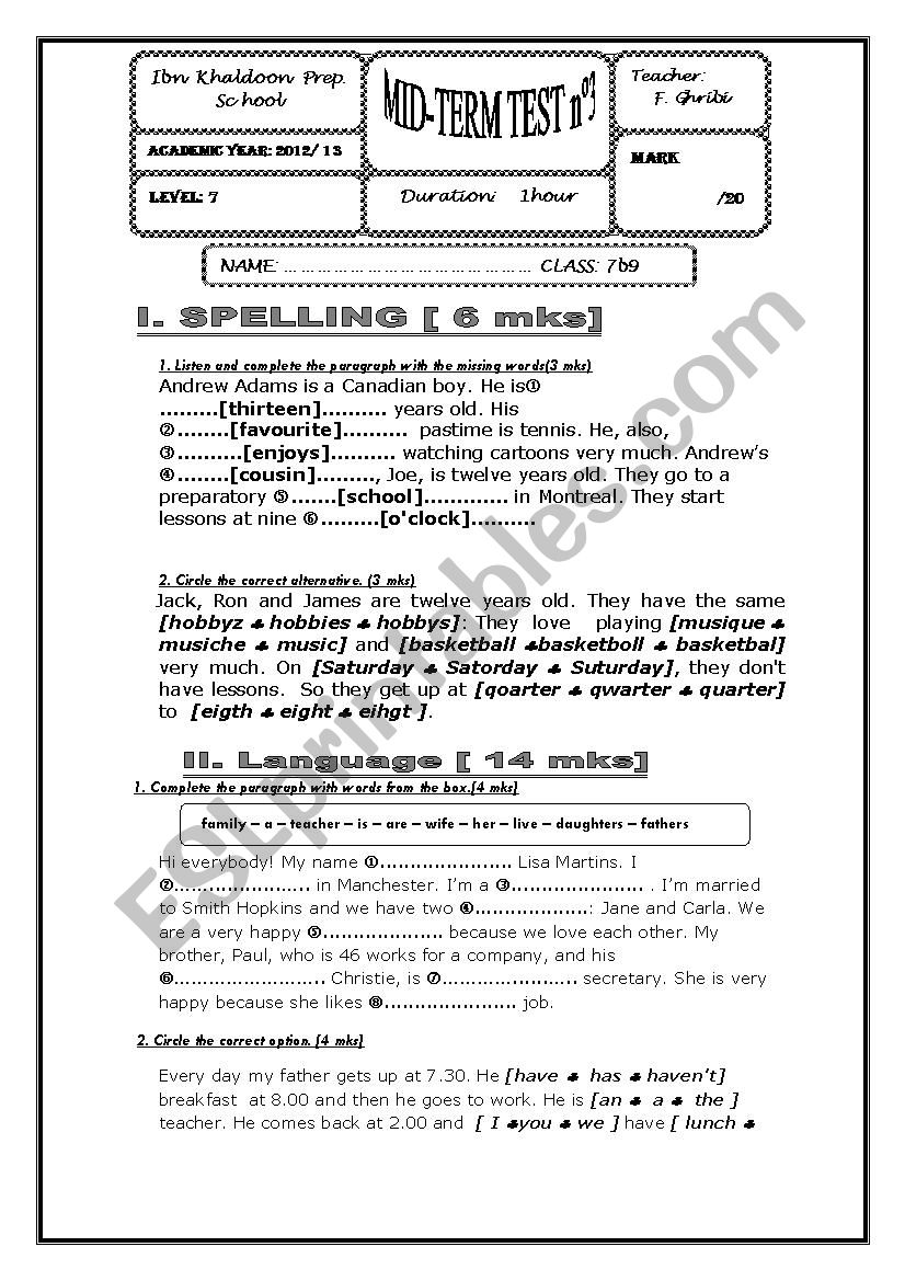 Mid-term test 1  Tunisian 7th form sts