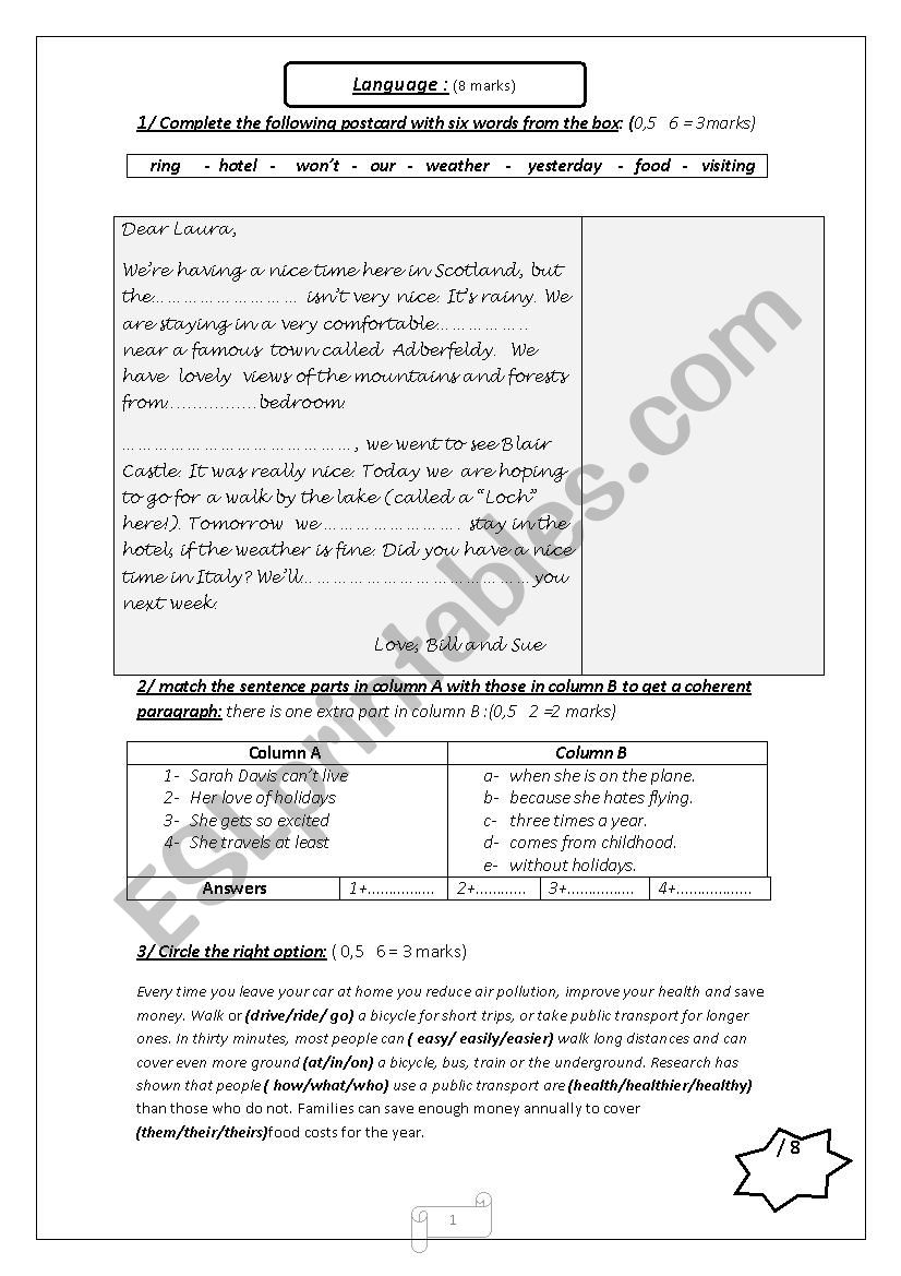 8 th grade Tunisian Test worksheet