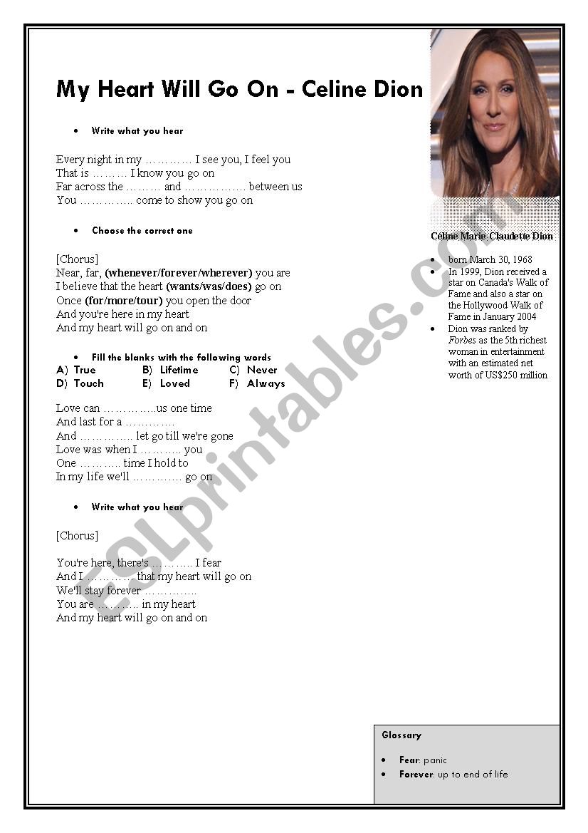 Celine Dion worksheet