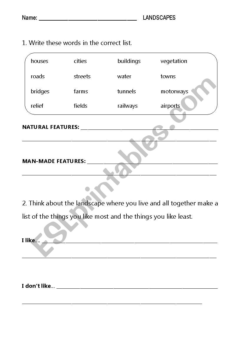 Vocabulary about landscapes worksheet