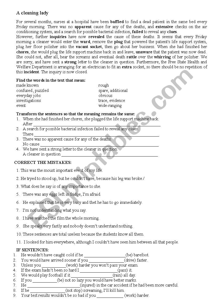 a cleaning lady worksheet