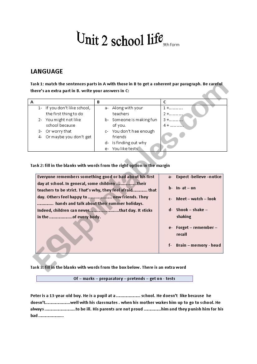 unit 2 school life  worksheet