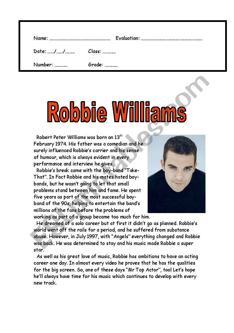 Robbie Williams worksheet