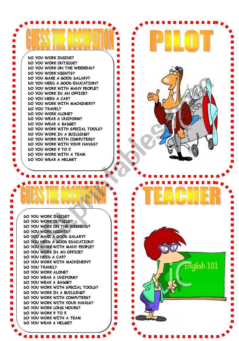 CARD FOUR OCCUPATION GAME worksheet