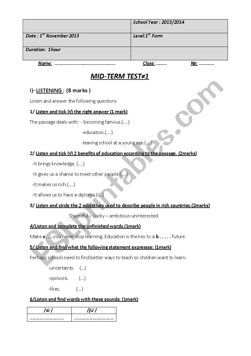 Mid Term Test-1  worksheet