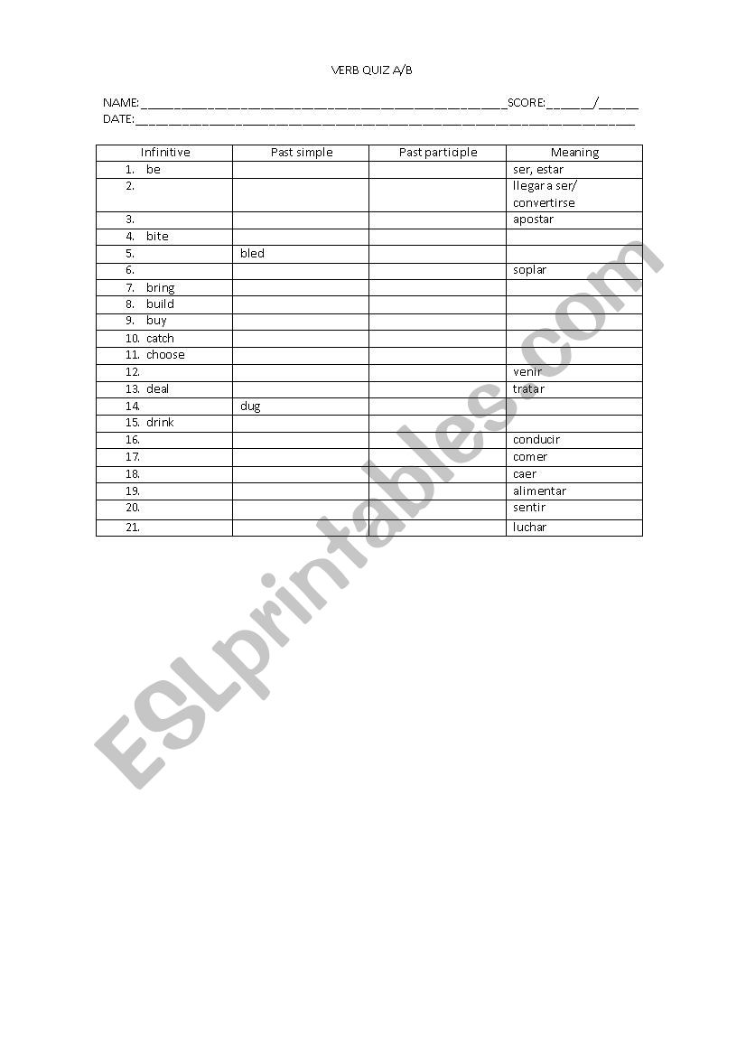 Quiz of Irregular Verbs worksheet