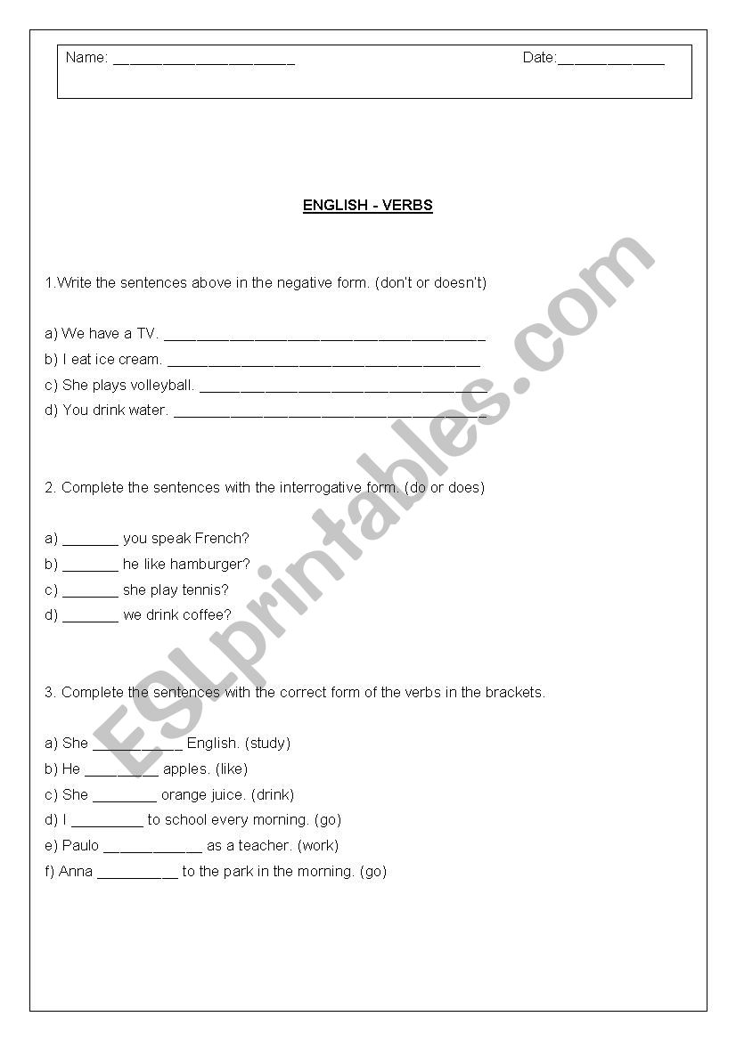 VERBS worksheet