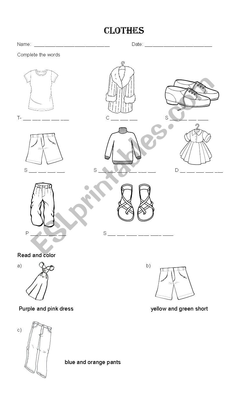 Clothes ESL Printable Picture Dictionary Worksheets