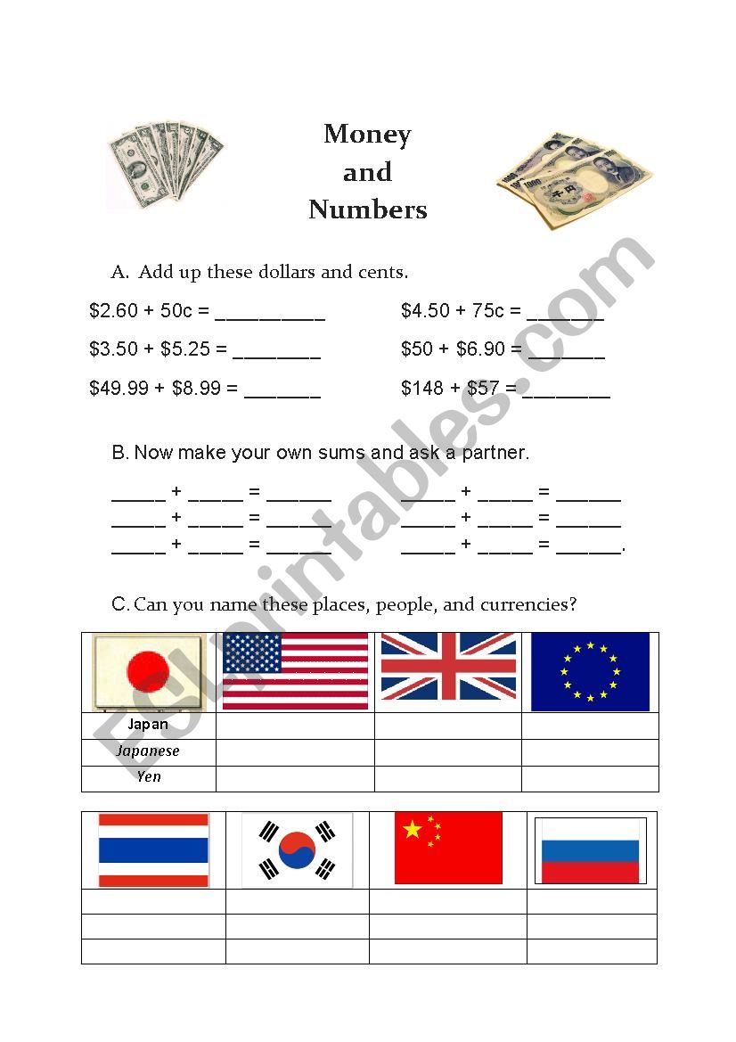 Money and Numbers worksheet
