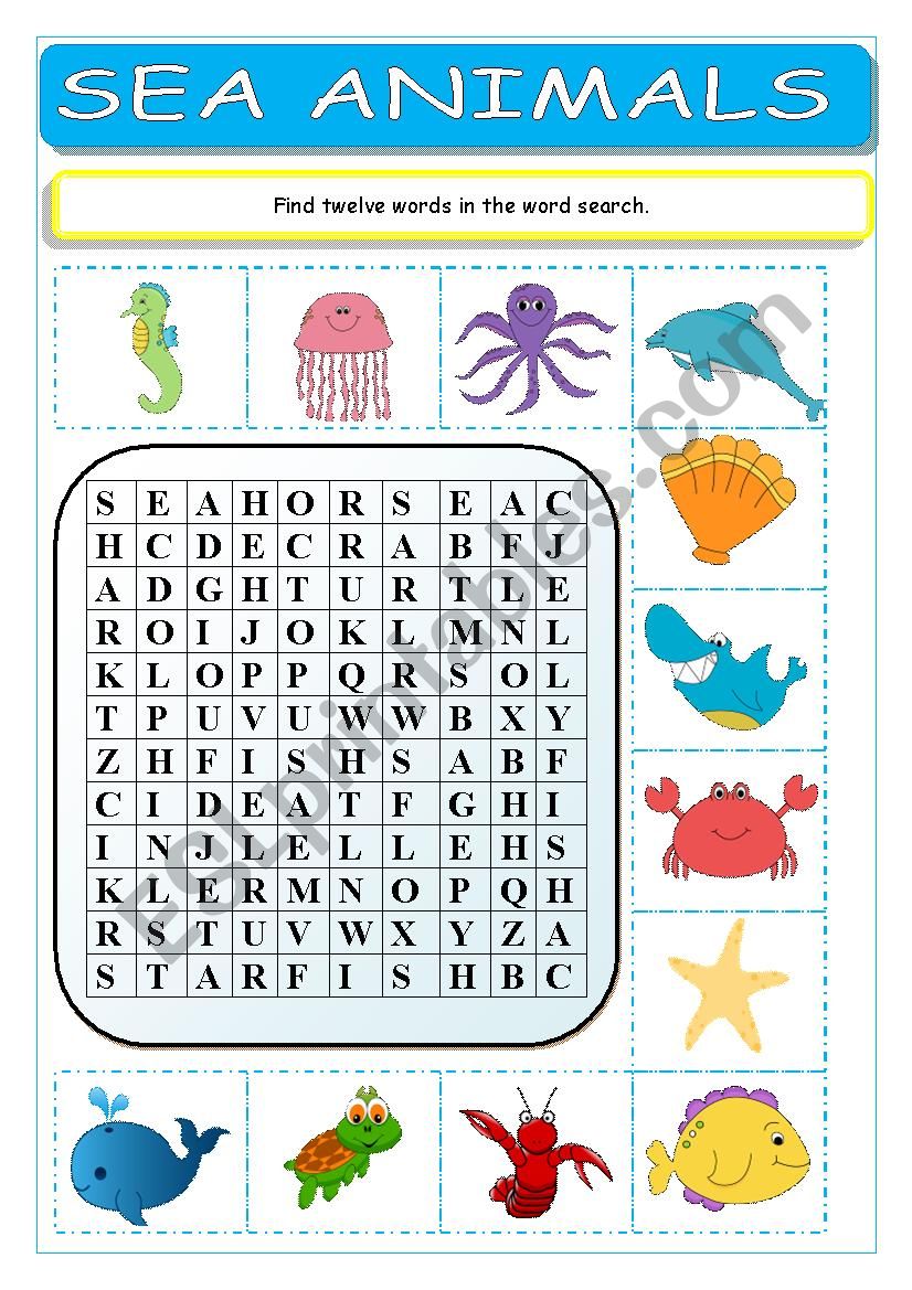 Sea Animals Wordsearch worksheet