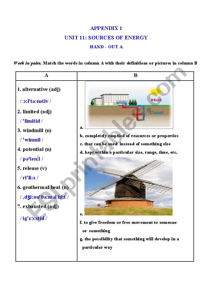 Sources Of Energy ESL Worksheet By Meomeo81