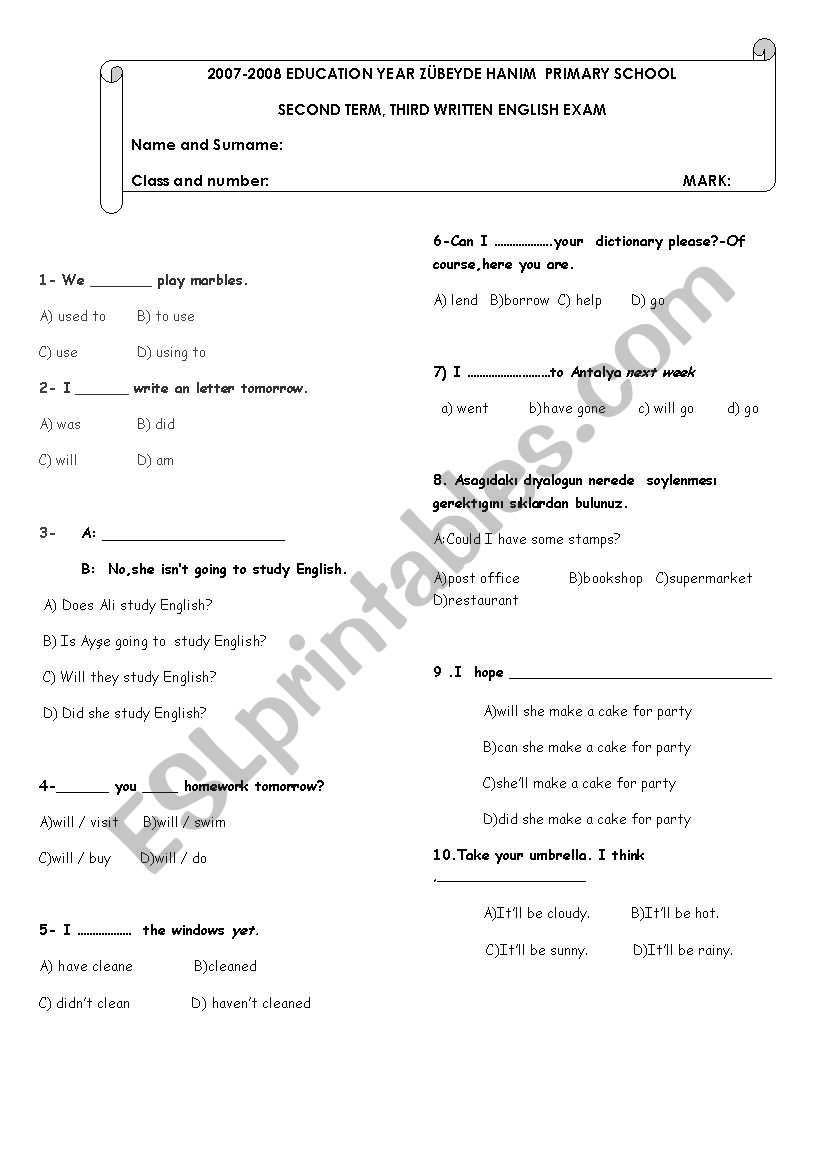 a worksheet or can be used as exam paper