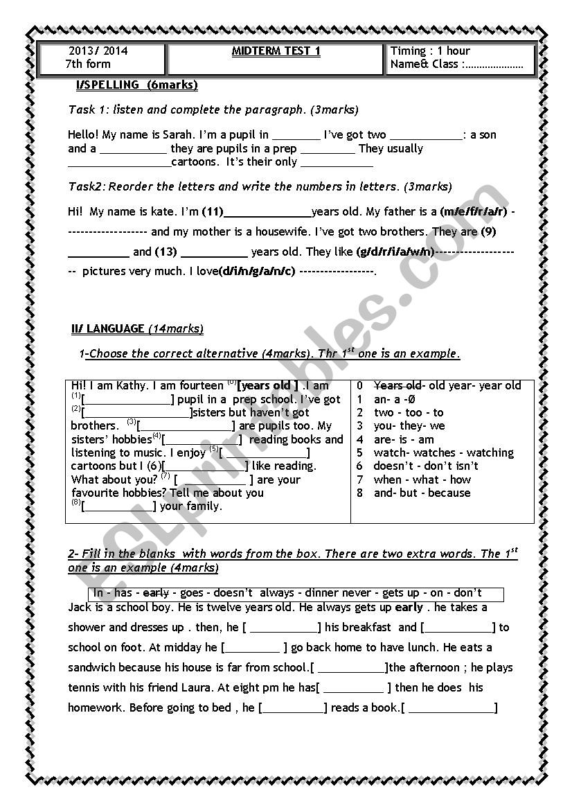 mid term test 1 7th form worksheet