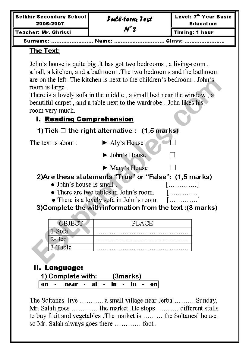 exam 7th year basic education worksheet